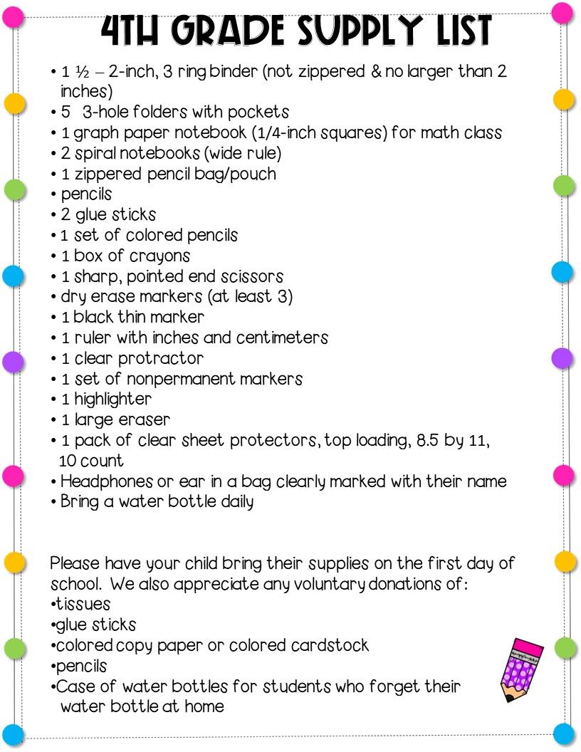 4th Grade Supply List